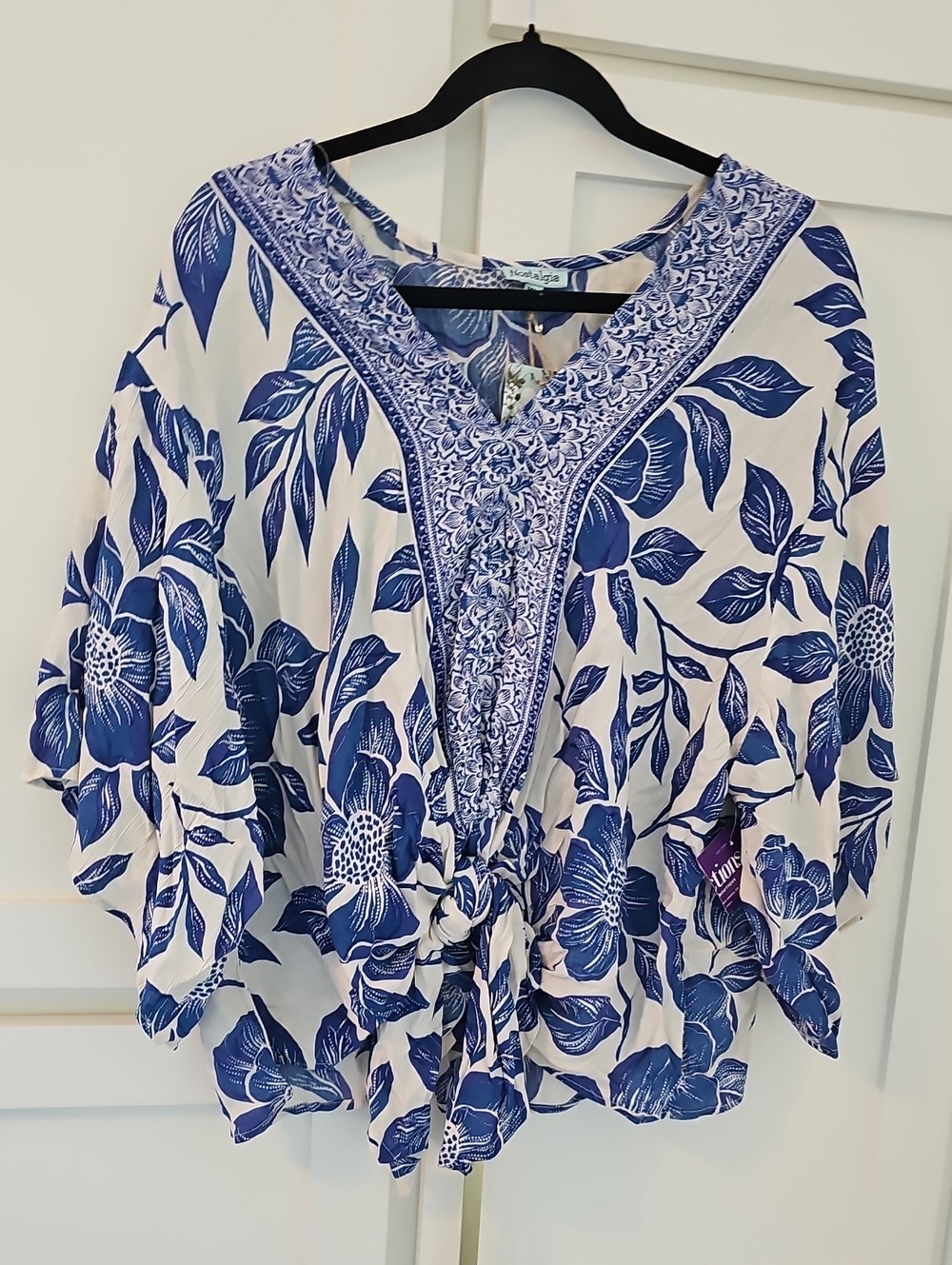 Nostalgia Blue & White Floral V-Neck Tunic with Tie Front